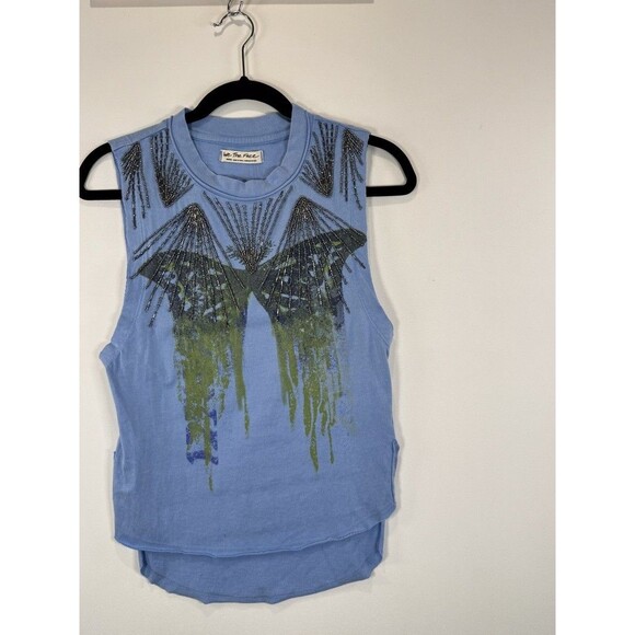 NWT We The Free People Womens Top Blue Butterfly Graphic Beaded Tank Y2K Small - Picture 5 of 11